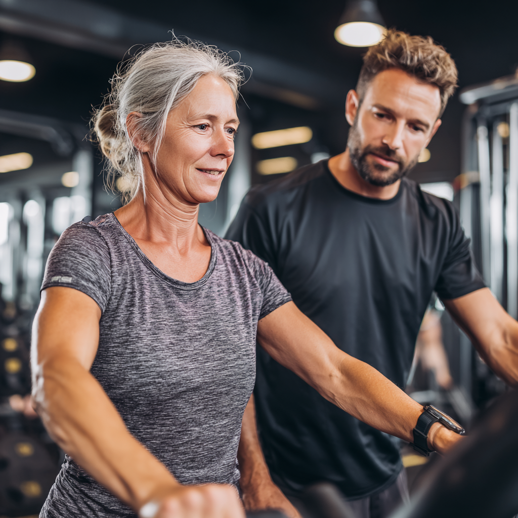 Active middle-aged person exercising with professional guidance in modern fitness facility