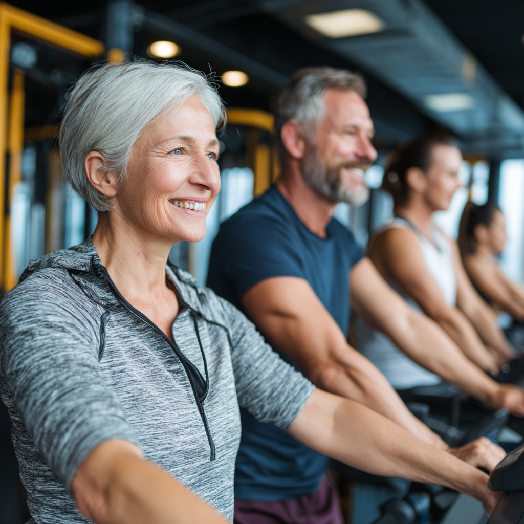 Mature adults enjoying fitness activities with professional trainer guidance